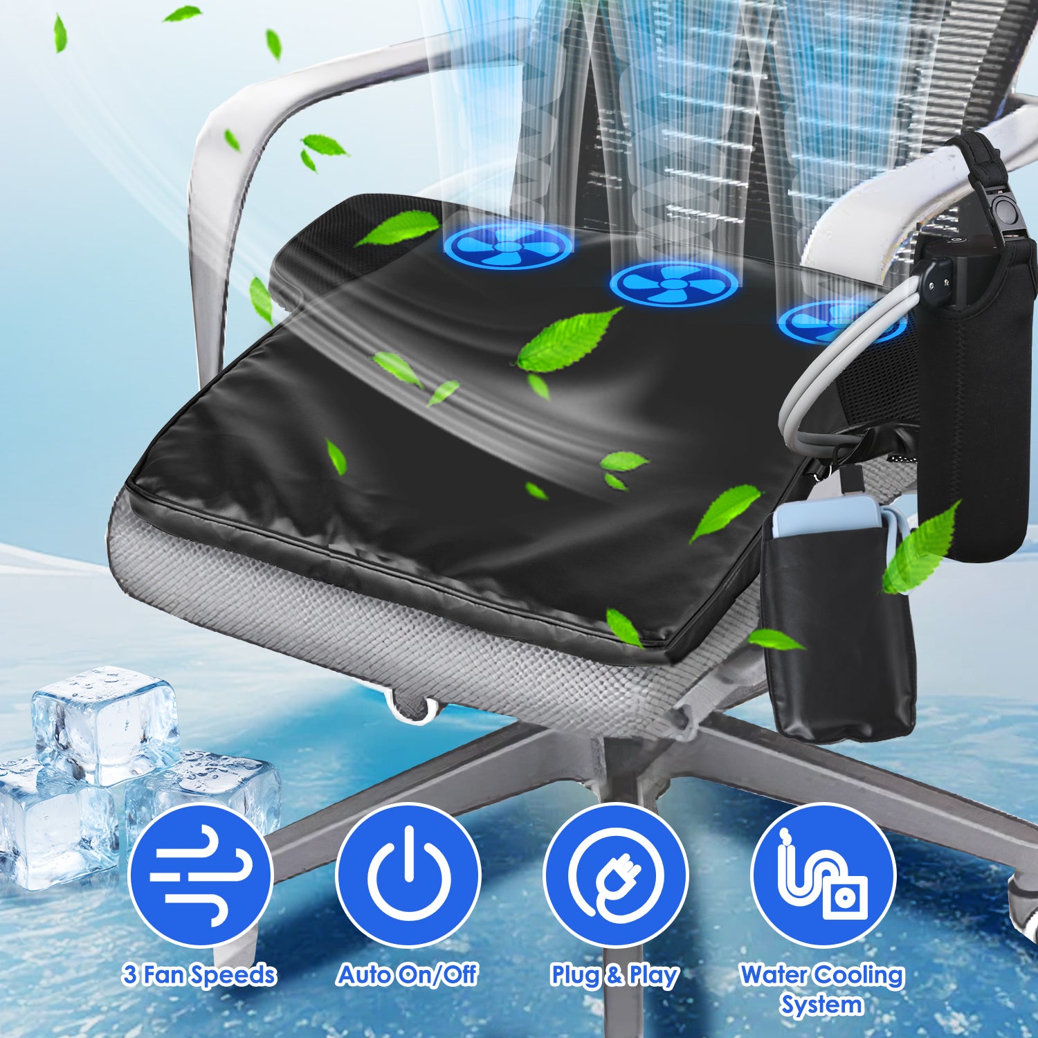 Summer Water Cooling System Seat Cushion With Fans 3 Speeds 78 Fehrenheit Constant Temperature USB Plug Portable Auto On-Off Ventilated Seat Cushion For Home Office Car