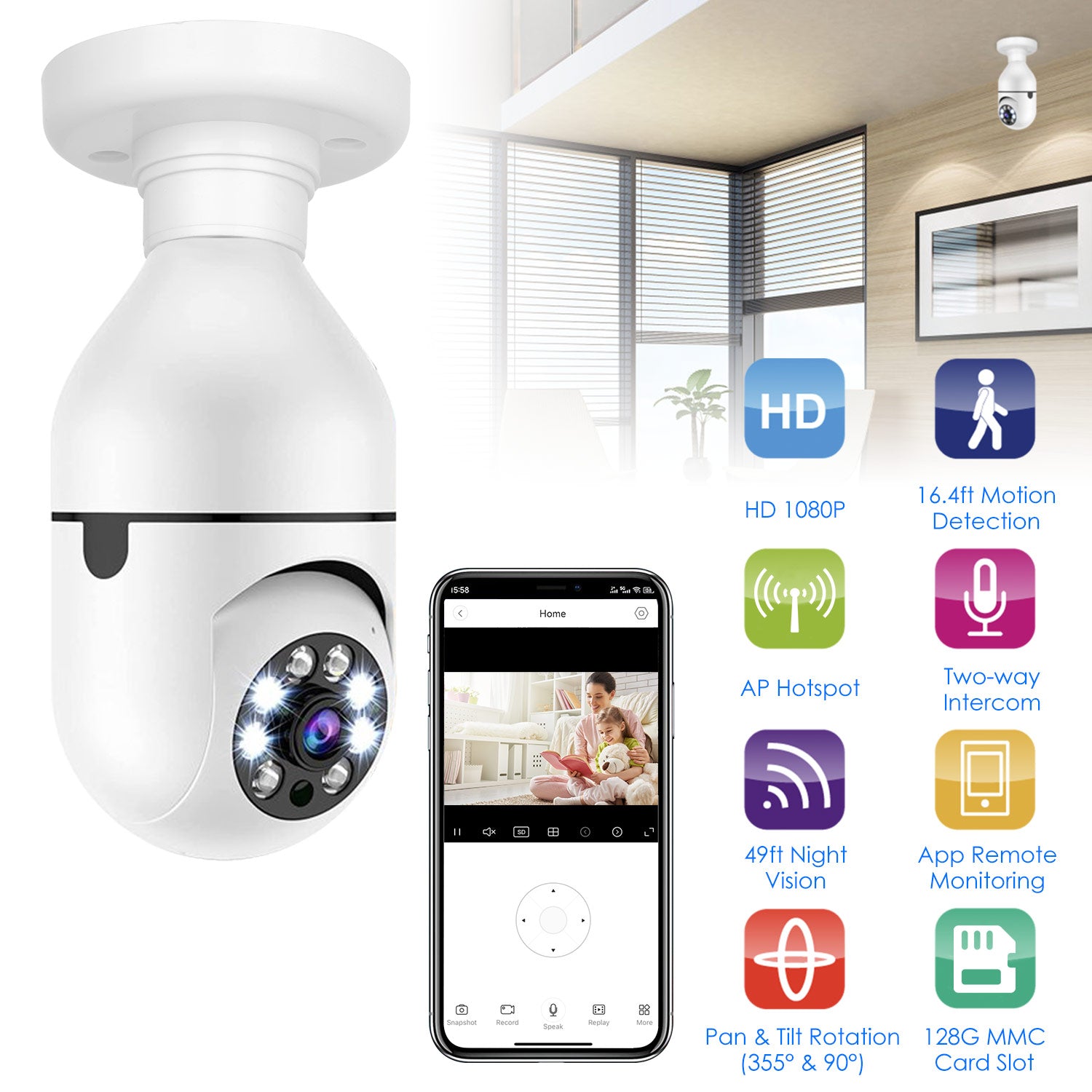 360° Smart WiFi Bulb Security Camera – 1080P Pan Tilt, Night Vision & 2-Way Audio