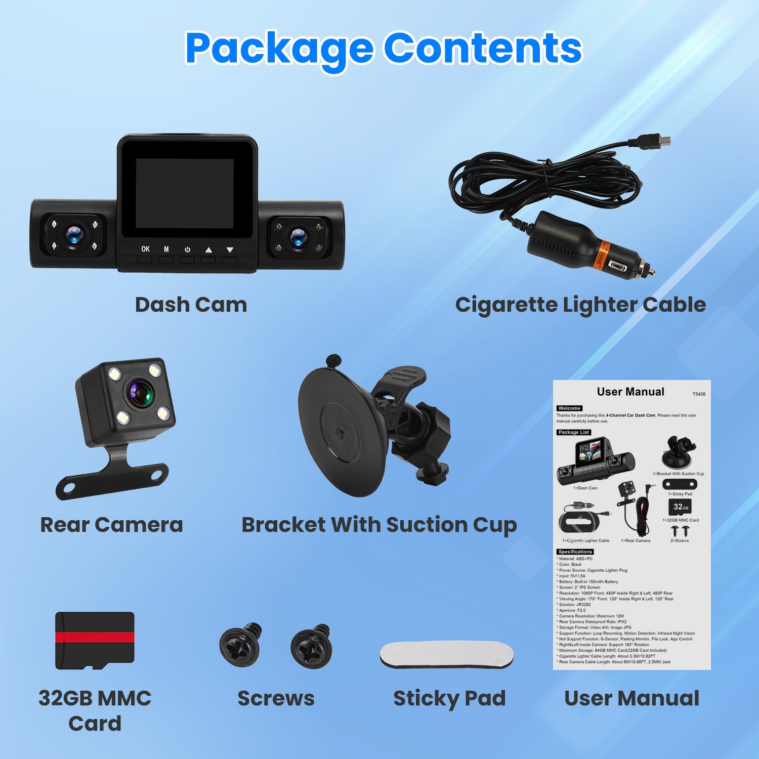360° 4-Channel Dash Cam – Full HD Car Security Camera with Night Vision & 32GB Card