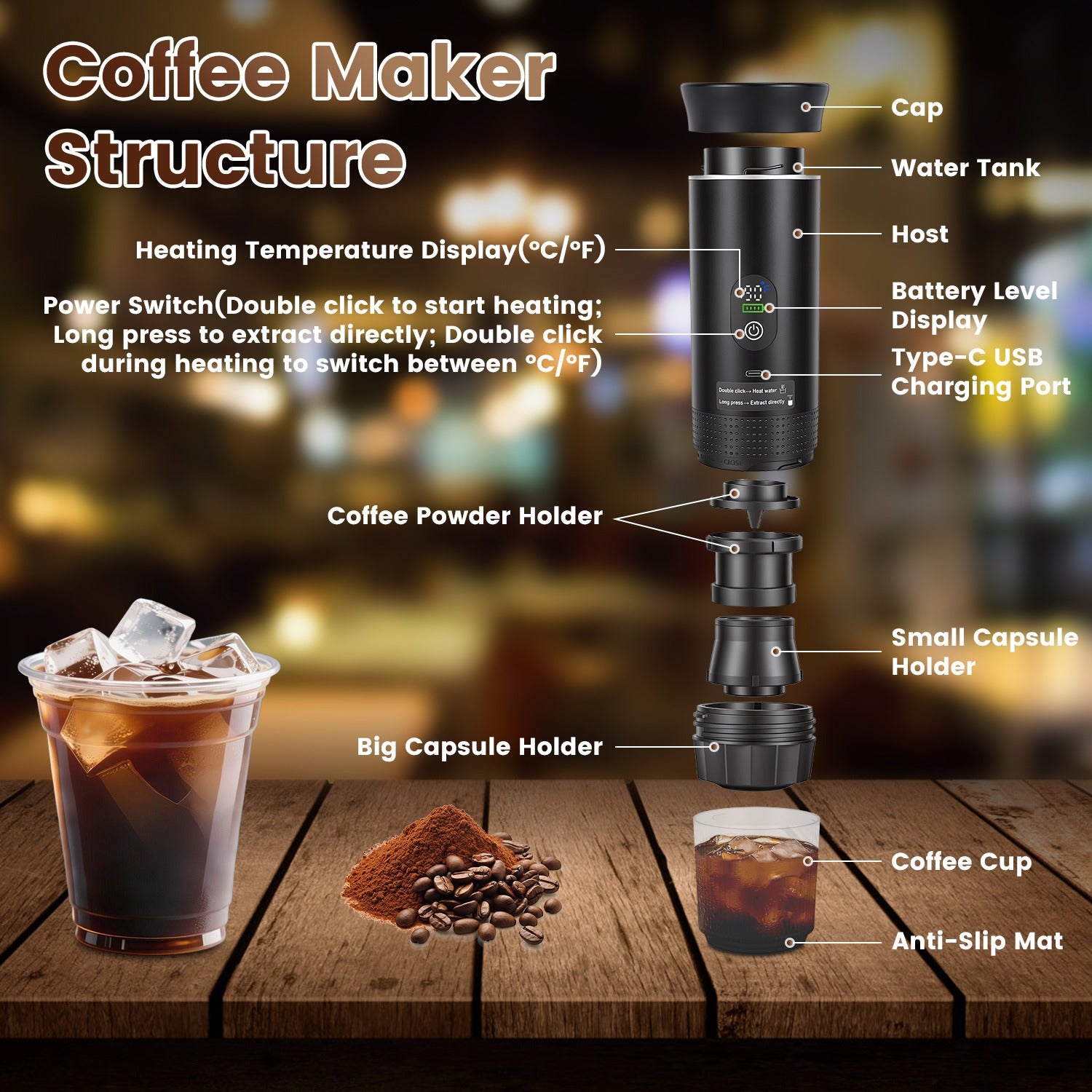 3 In 1 Portable Espresso Machine Cordless Self Heating Coffee Maker With 7500mAh Battery Heating 20Bar Pressure Anti Dry Burn Fit For Ground Coffee Capsules For Camping Hiking RV Home