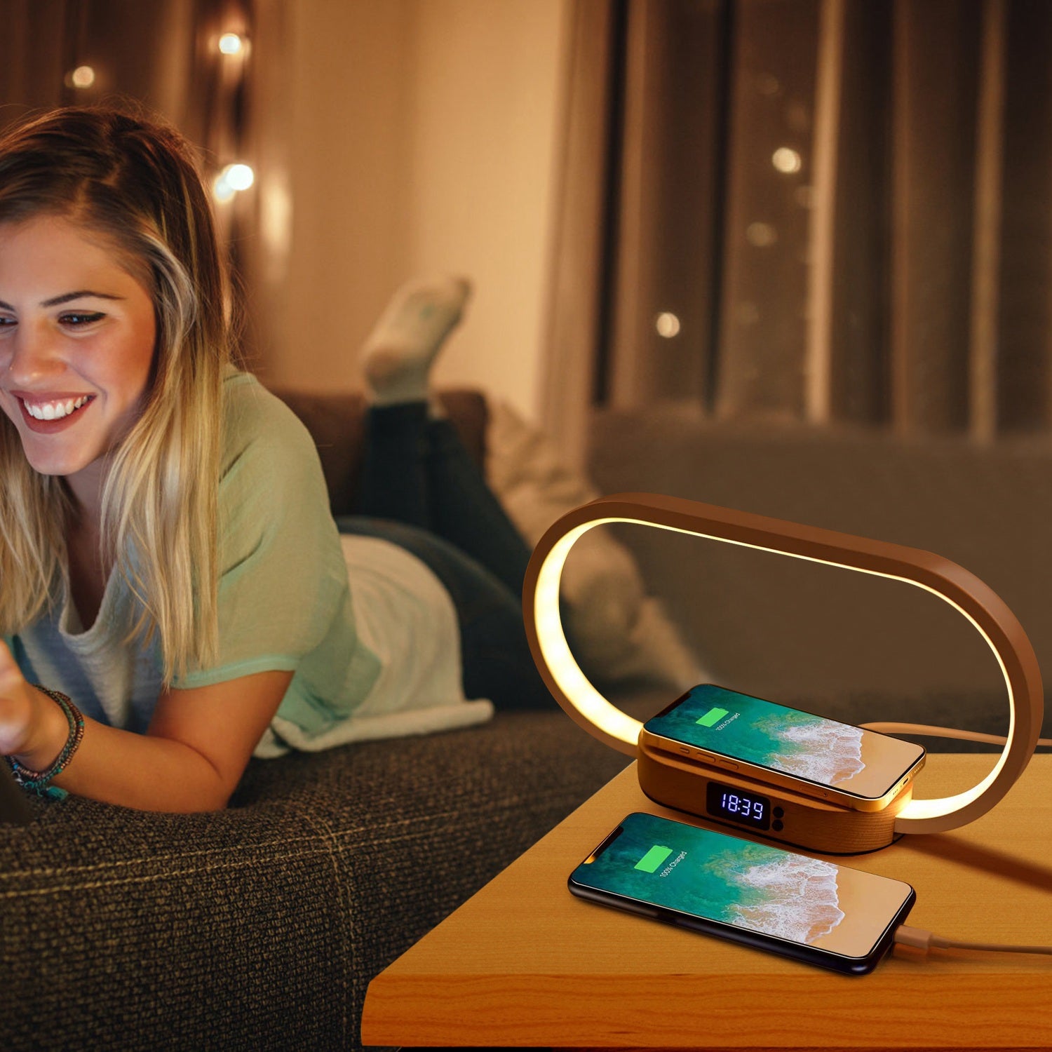 GlowCharge LED Bedside Lamp with Wireless Charging & Clock