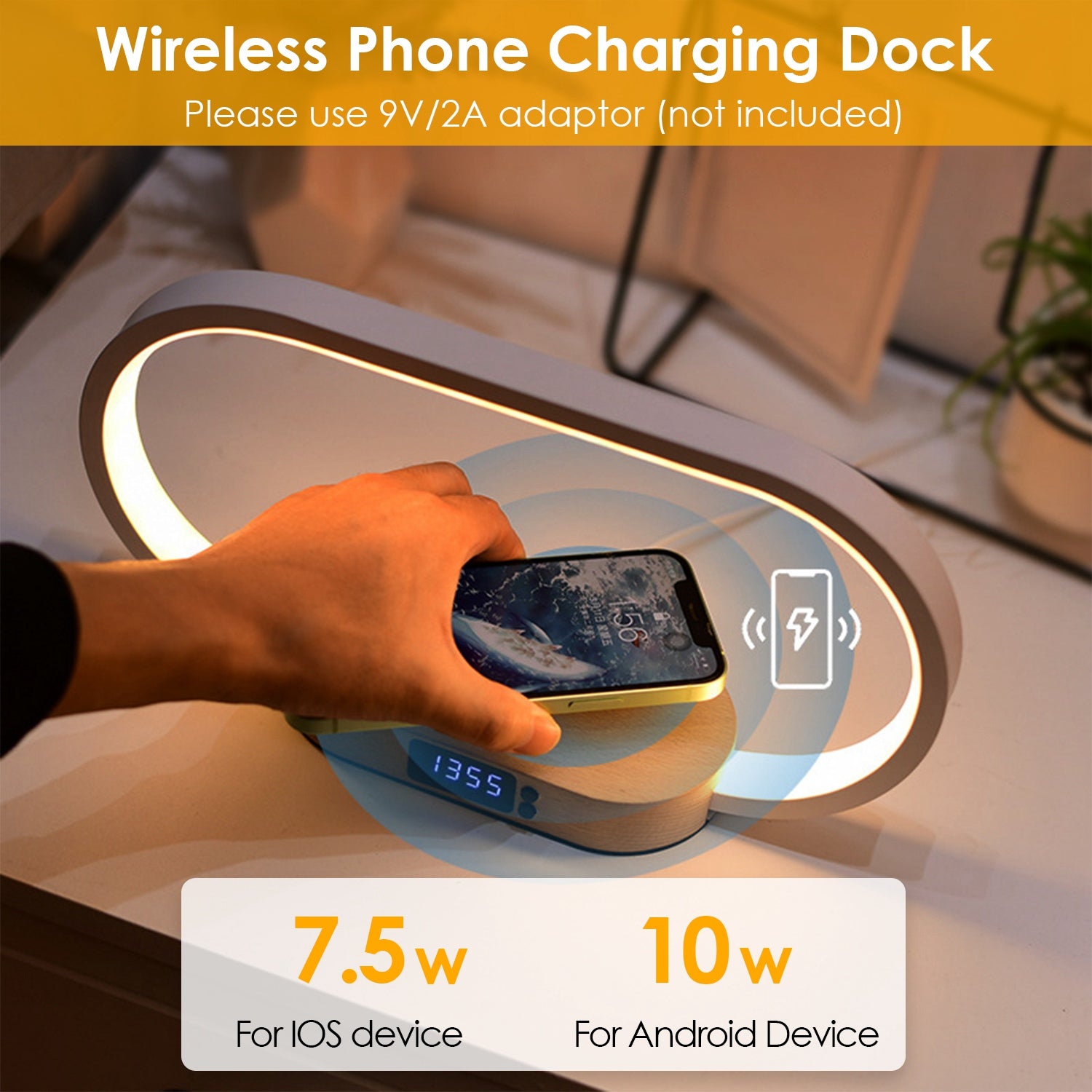 GlowCharge LED Bedside Lamp with Wireless Charging & Clock
