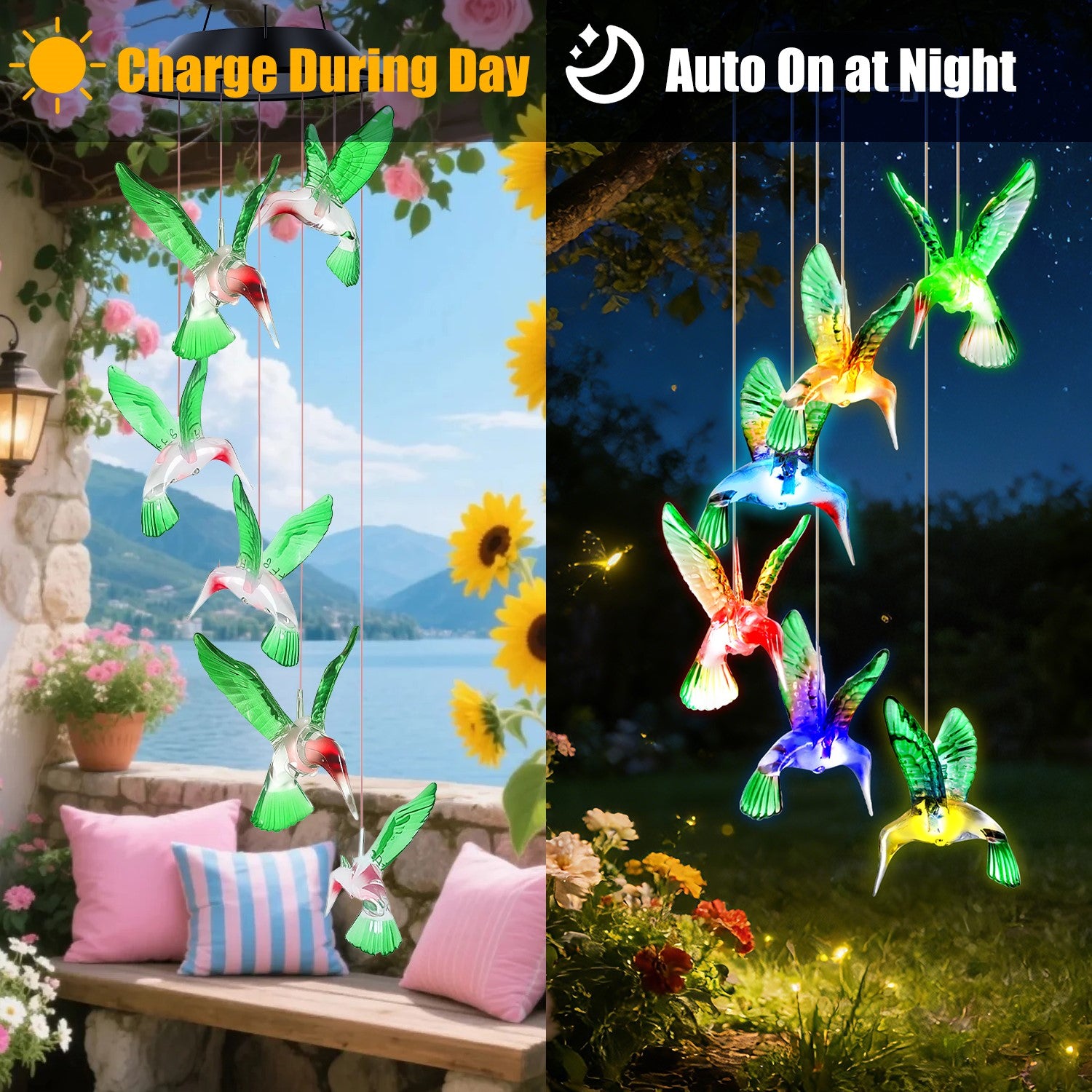 2-Pack Solar Hummingbird Wind Chimes – Color-Changing Waterproof Garden Decor