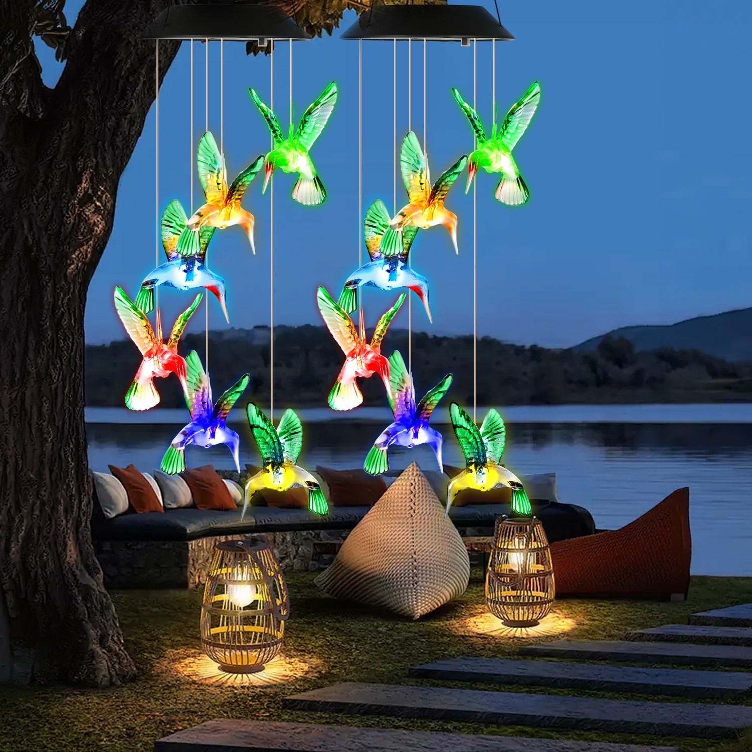 2-Pack Solar Hummingbird Wind Chimes – Color-Changing Waterproof Garden Decor