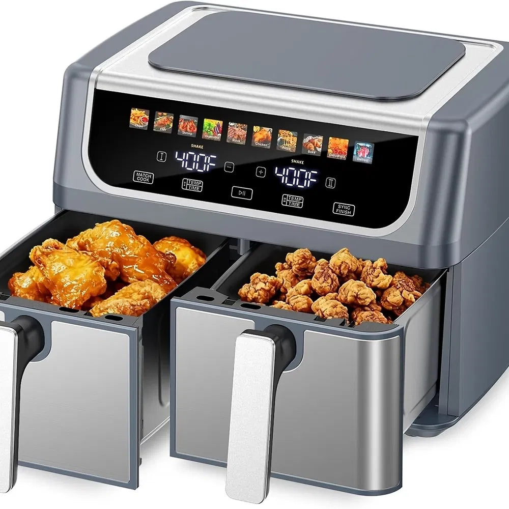 9.5 Quart Large Dual Basket Air Fryer With Double Basket, Independent Temp Control & Sync Mode, 10 Presets - Bake&Broil&Defrost&Dehydrate, Shake Reminder System, Compatible For Plug For Appliance