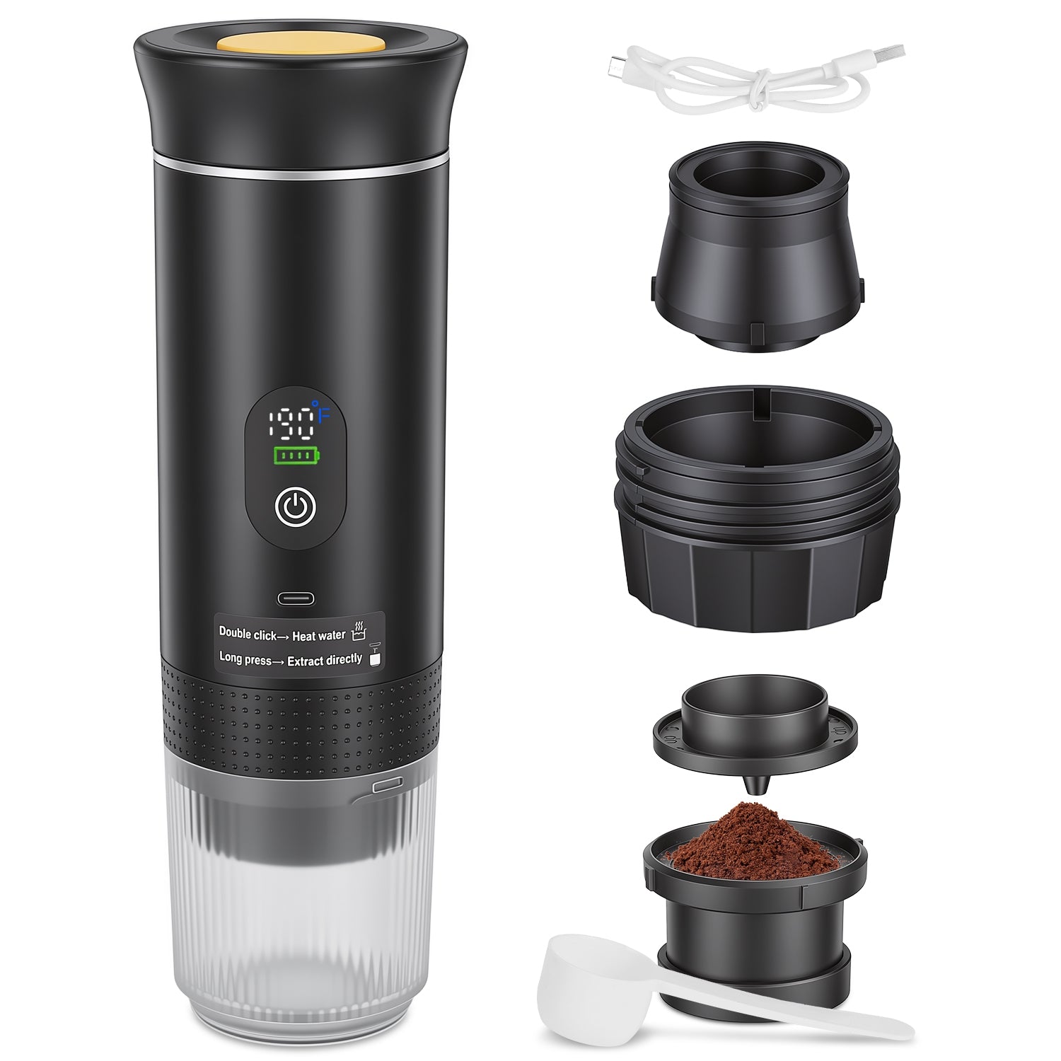 3 In 1 Portable Espresso Machine Cordless Self Heating Coffee Maker With 7500mAh Battery Heating 20Bar Pressure Anti Dry Burn Fit For Ground Coffee Capsules For Camping Hiking RV Home