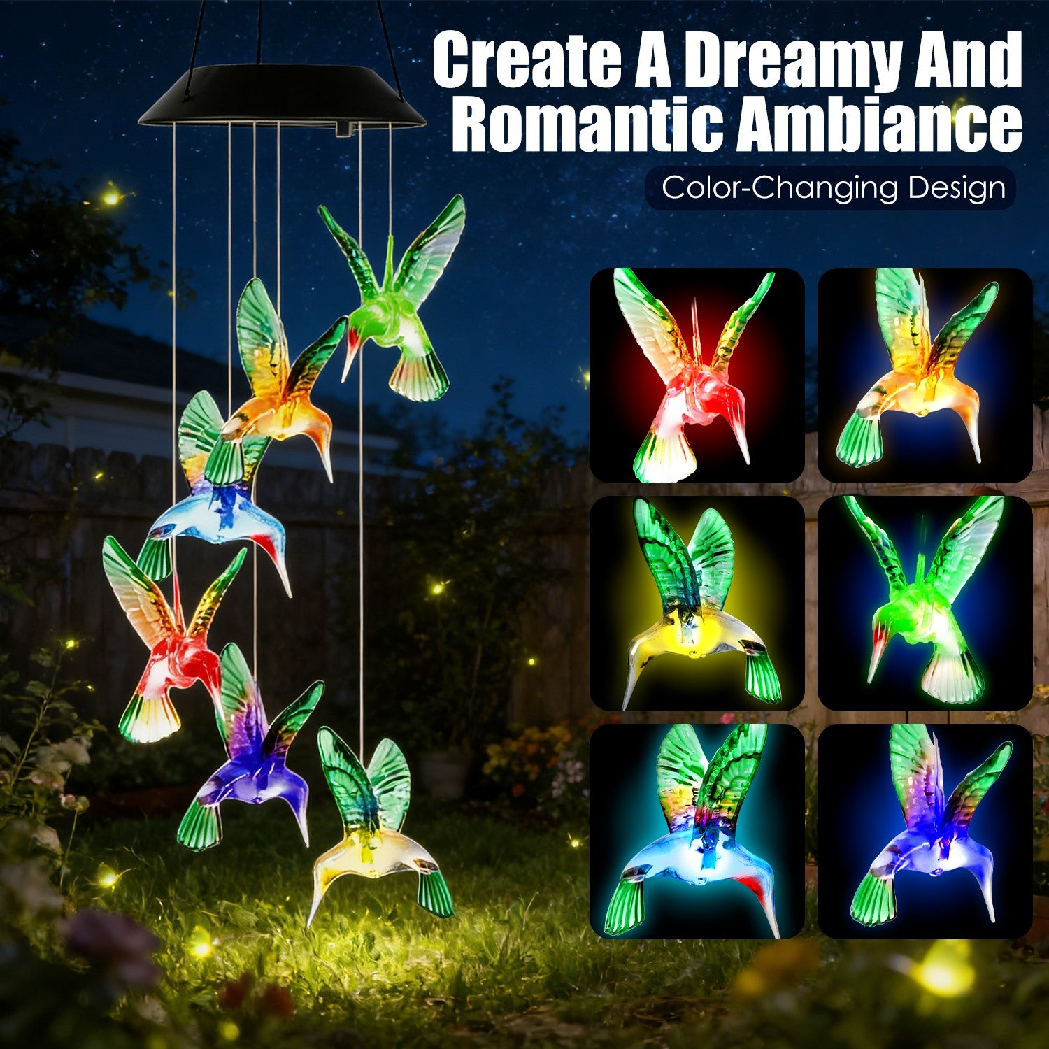 2-Pack Solar Hummingbird Wind Chimes – Color-Changing Waterproof Garden Decor