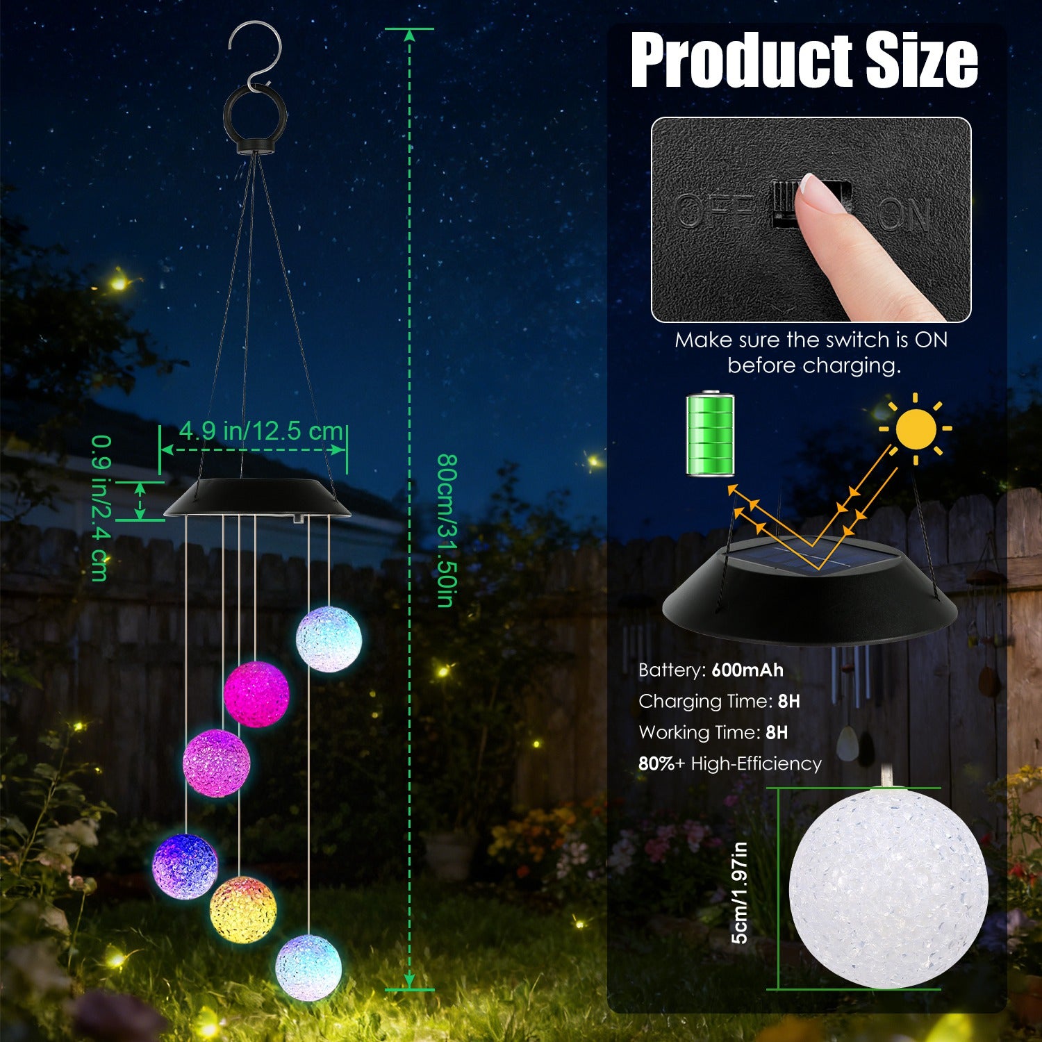 Solar Glow Ball Wind Chime – Color-Changing Waterproof Garden Hanging Light