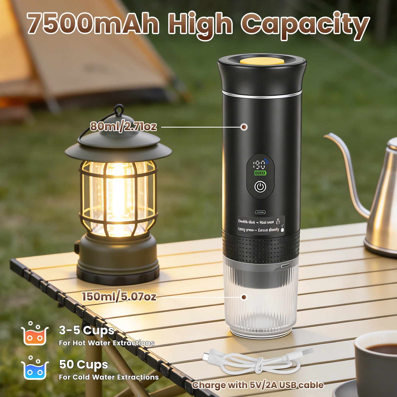 3 In 1 Portable Espresso Machine Cordless Self Heating Coffee Maker With 7500mAh Battery Heating 20Bar Pressure Anti Dry Burn Fit For Ground Coffee Capsules For Camping Hiking RV Home