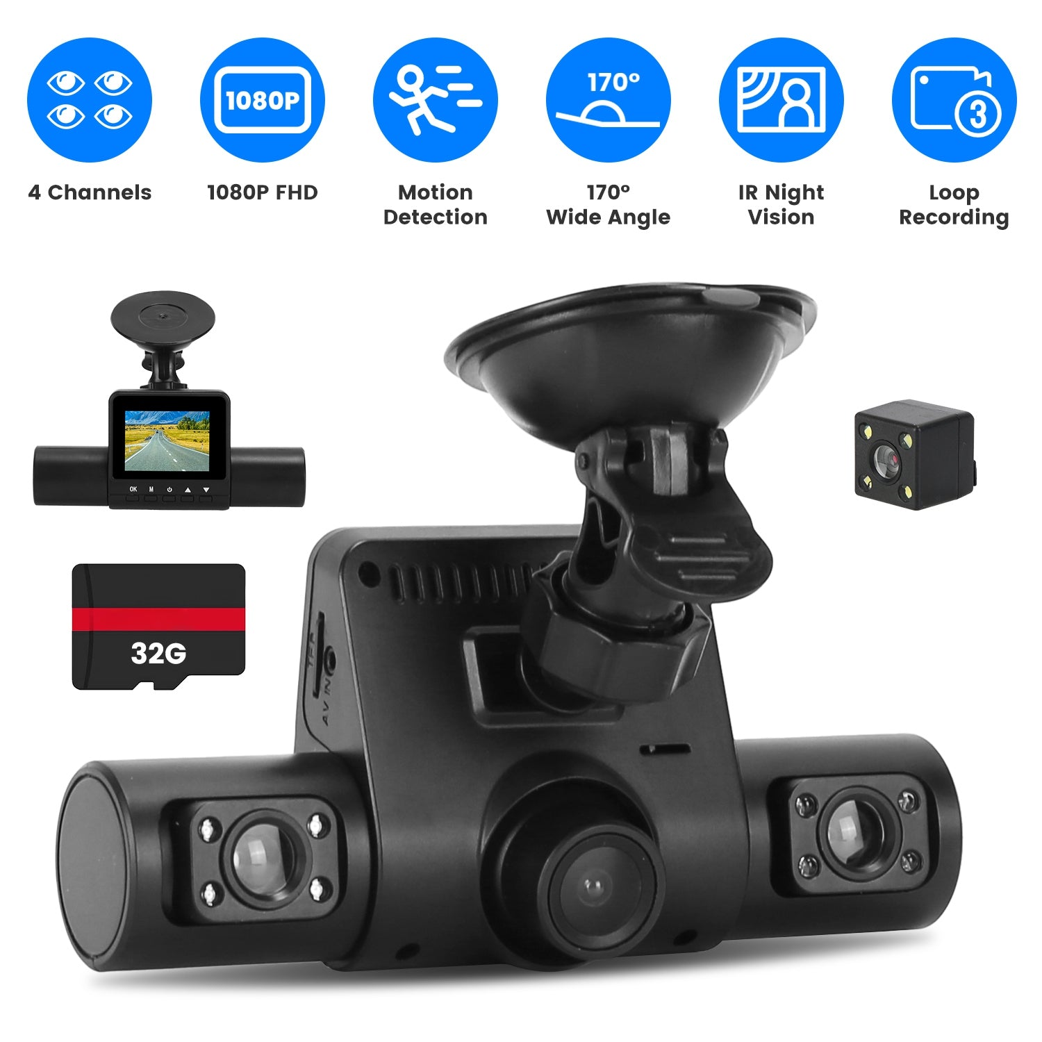360° 4-Channel Dash Cam – Full HD Car Security Camera with Night Vision & 32GB Card