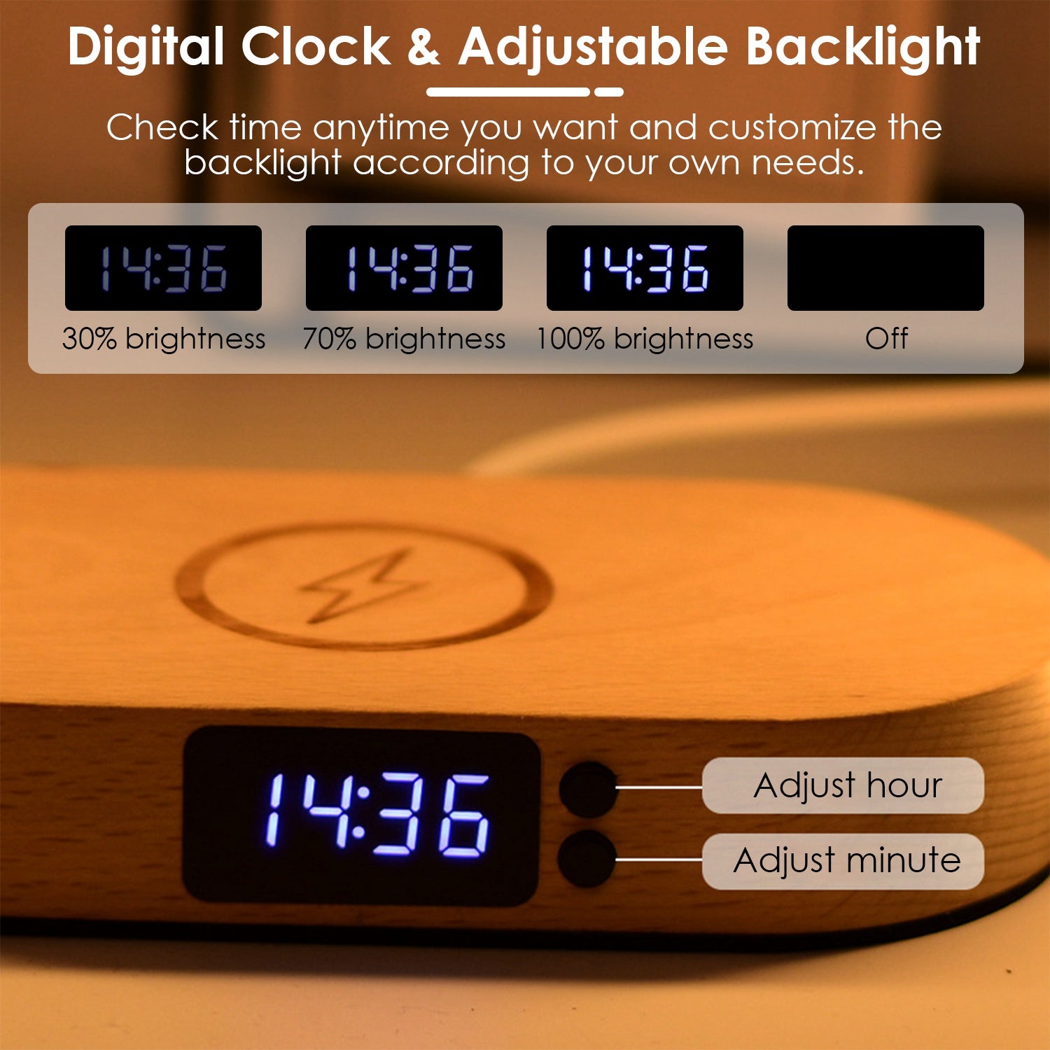 GlowCharge LED Bedside Lamp with Wireless Charging & Clock